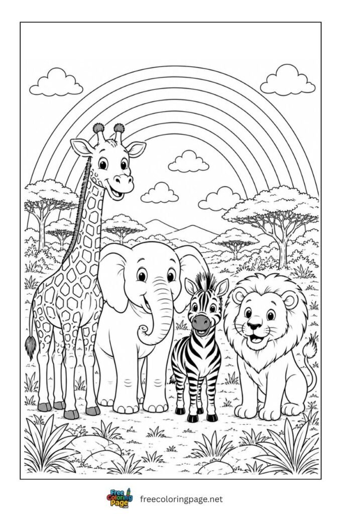 rainbow and animals coloring page