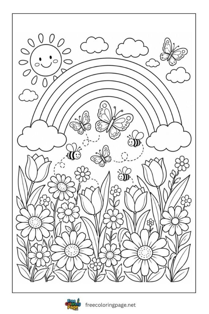 rainbow and flowers coloring page