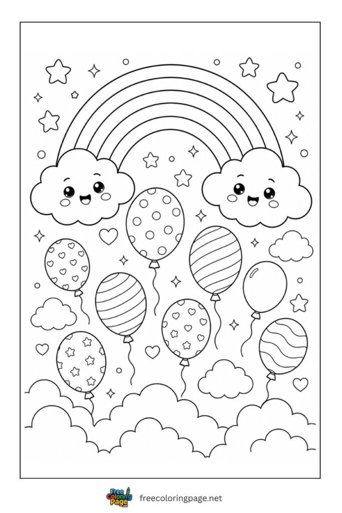 rainbow and baloons coloring page