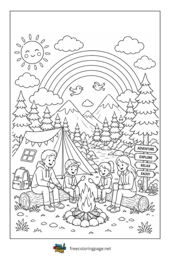 rainbow camping coloring page