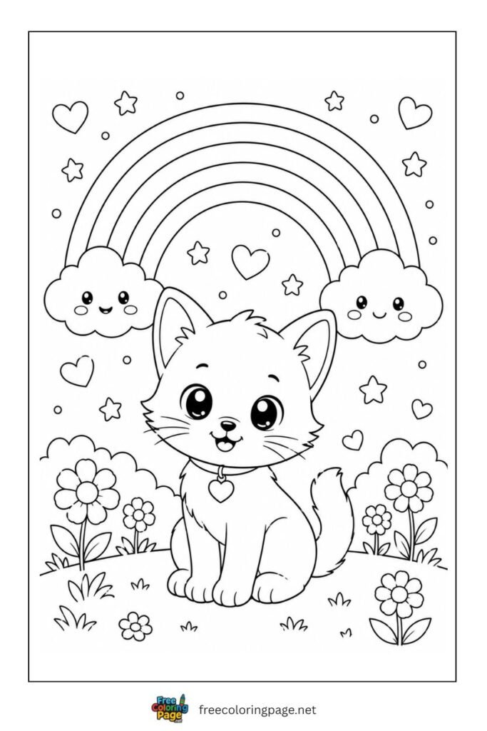 rainbow and cat coloring page