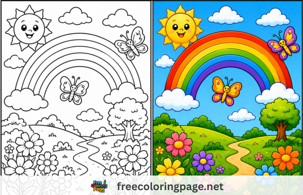 rainbow coloring pages - colored vs drawing