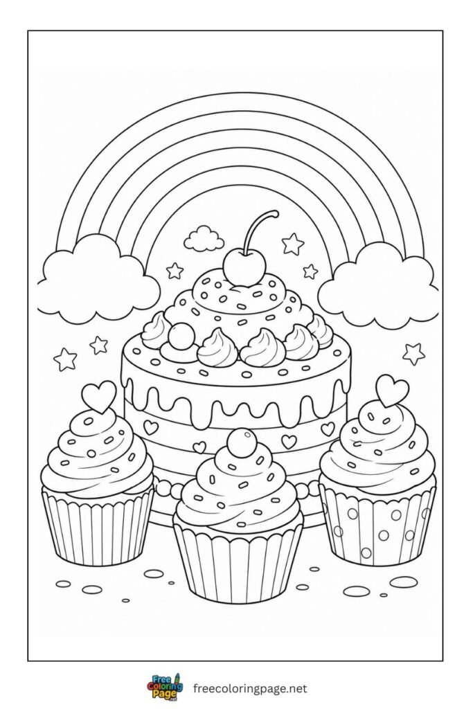 rainbow and cupcakes coloring page