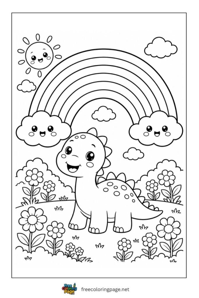 rainbow and dinosaur coloring page