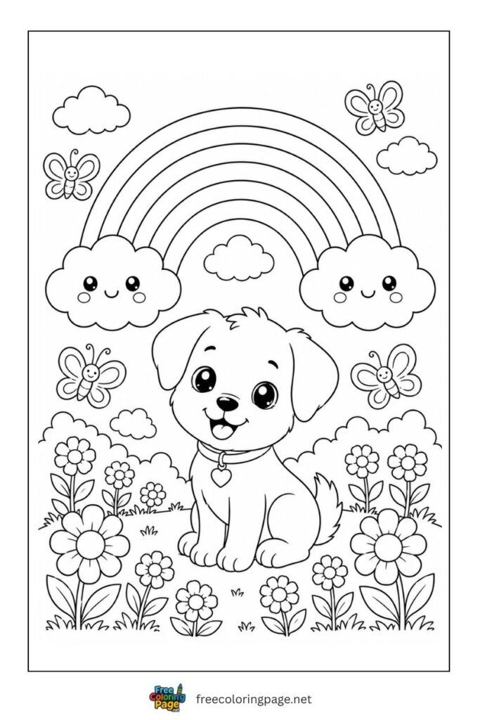 rainbow and dog coloring page