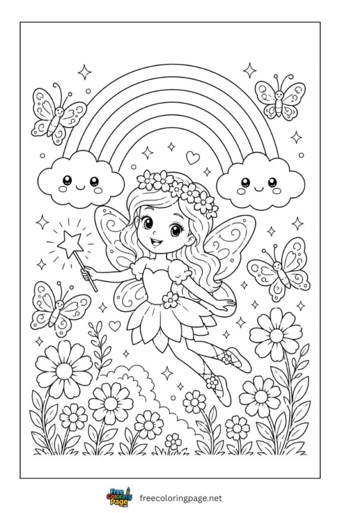 rainbow and fairy coloring page