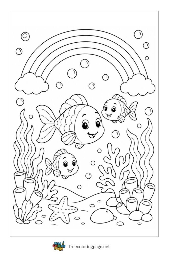 rainbow and fish coloring page