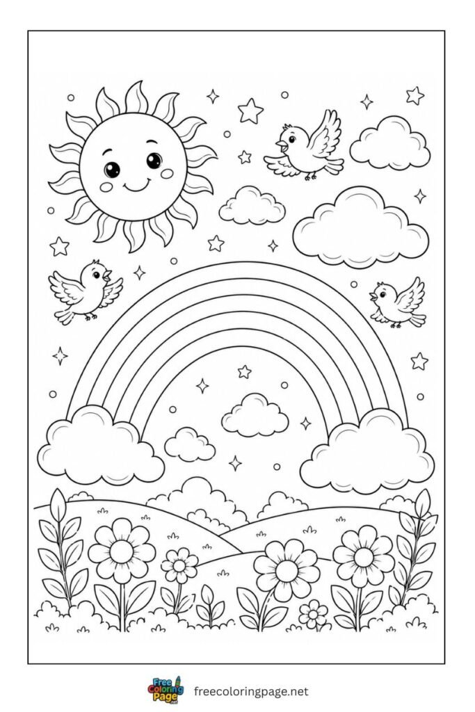 rainbow landscape coloring page for kids
