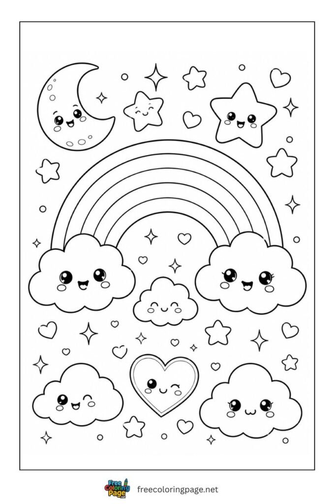 rainbow with cute clouds coloring page