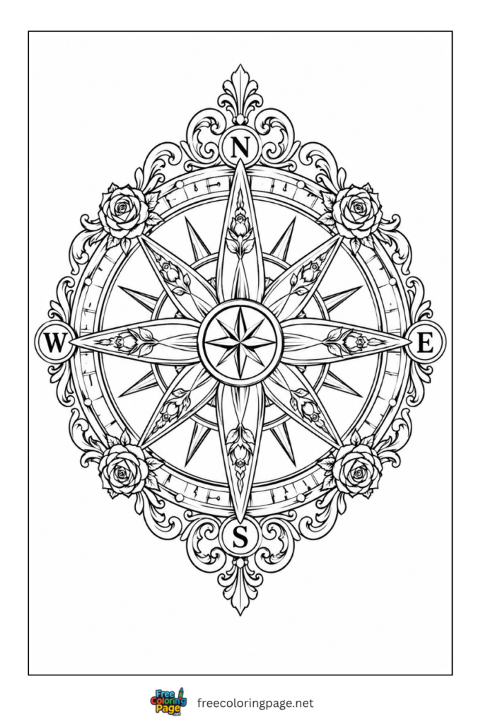 realistic compass rose coloring page