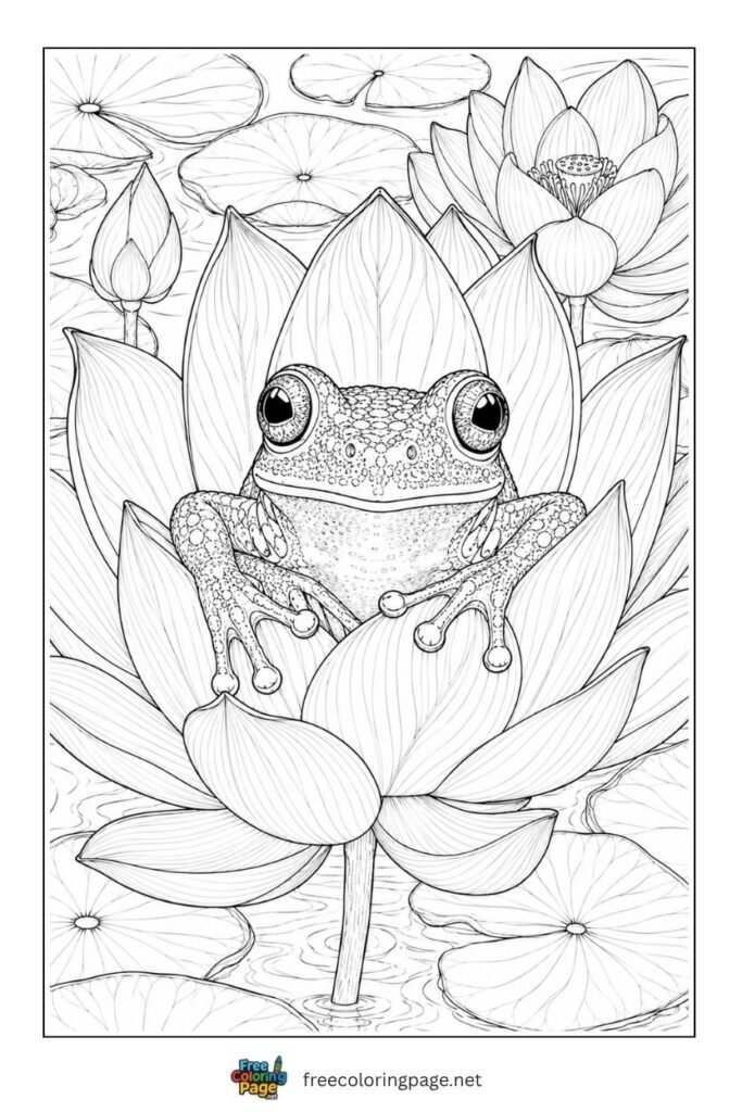 Detailed frog and lotus frog coloring page