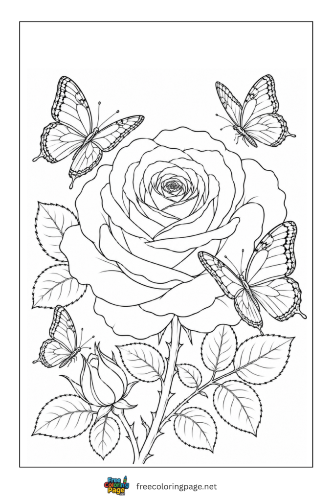 butterflies hovering over rose coloring page