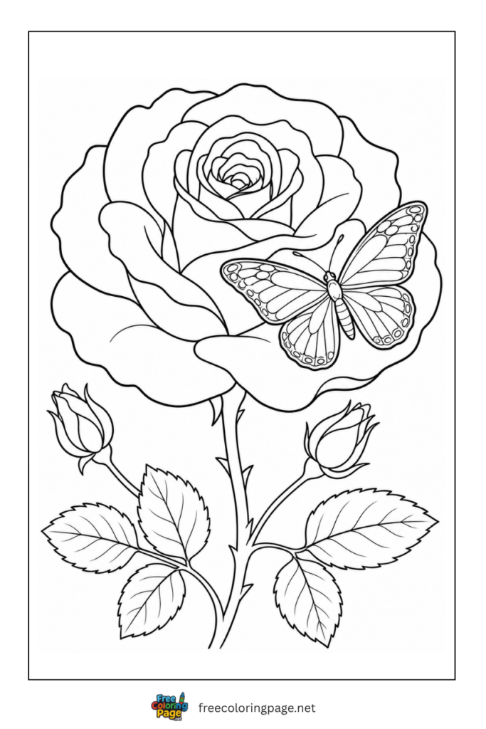 rose and butterfly coloring page for kids