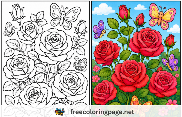 rose coloring pages colored vs drawing
