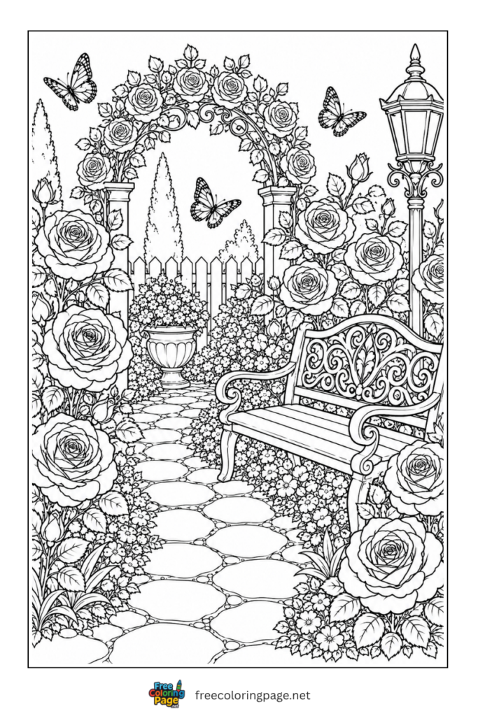 rose garden coloring page- Detailed scene