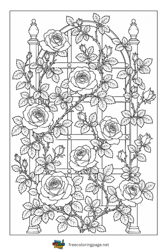 rose vine entangled old door coloring page