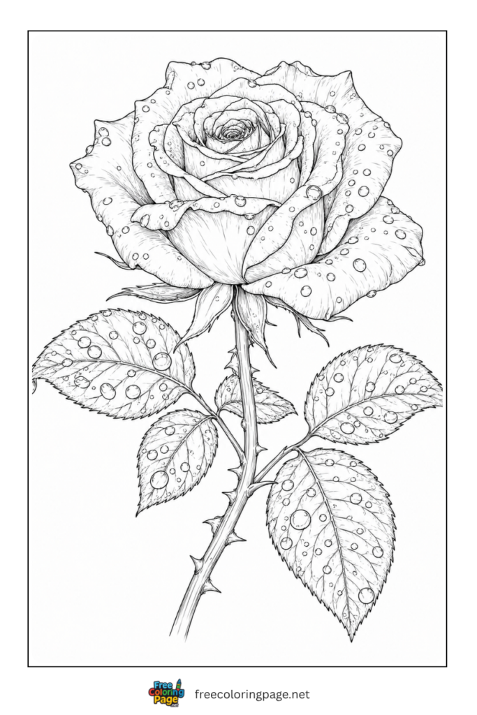 rose with dewdrops coloring page- for adults
