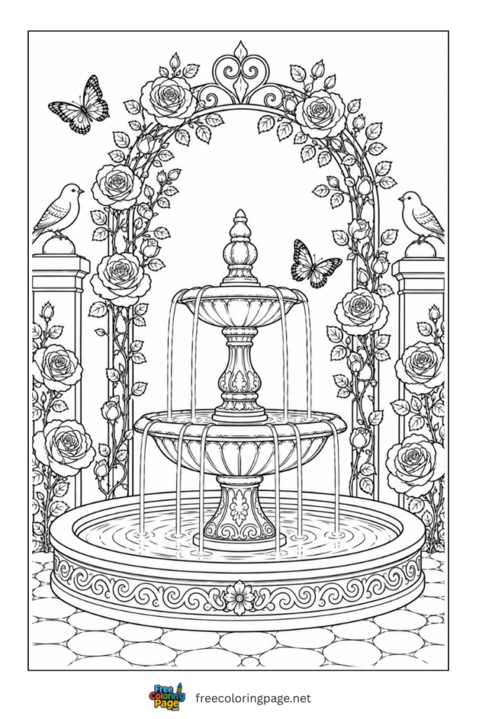 rose and fountain garden coloring page