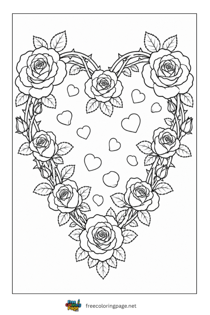 roses arranged in heart shape coloring page