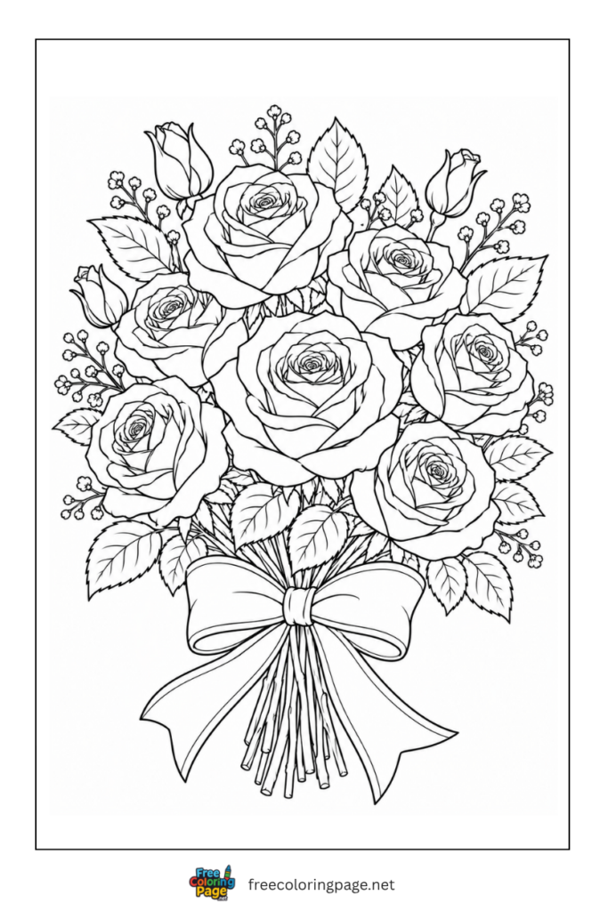 roses bouquet tied with ribbon coloring page