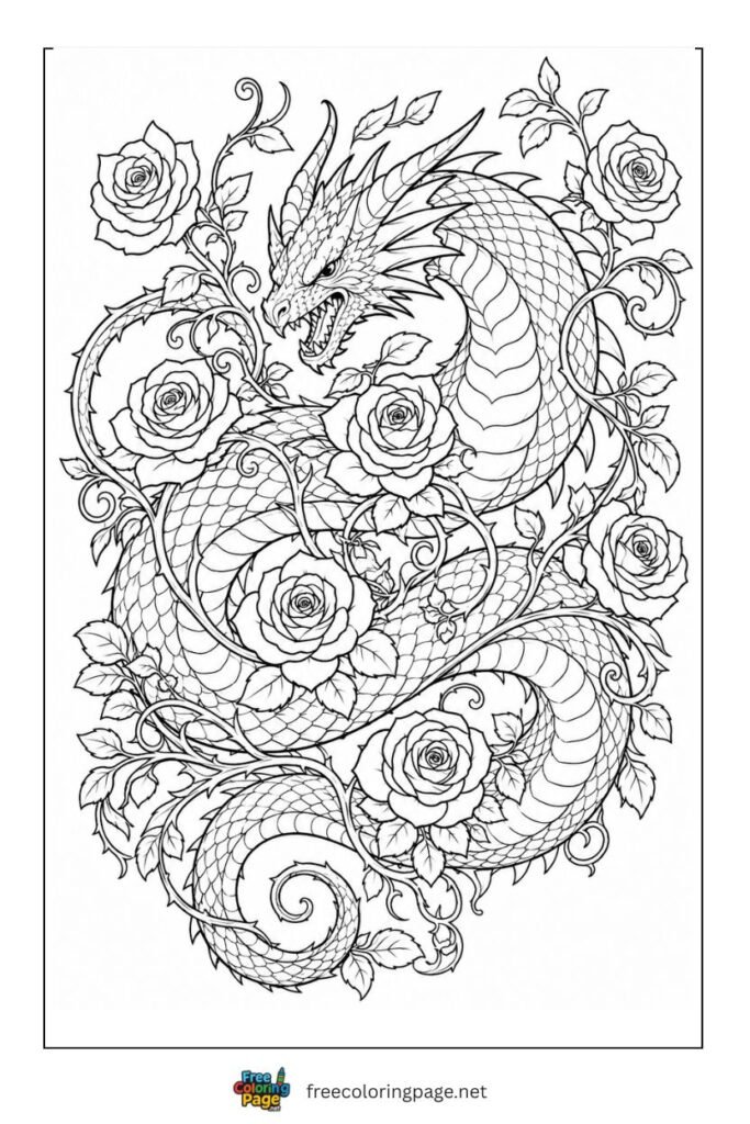 adult dragon with flowers coloring page