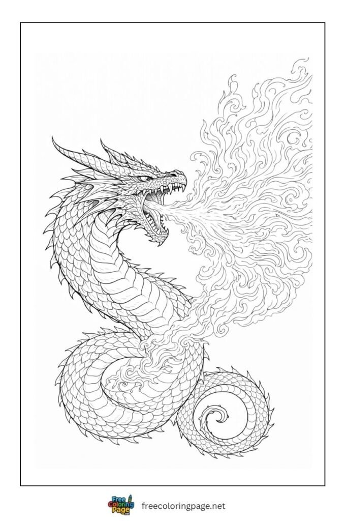 Scary Dragon throwing fire coloring page