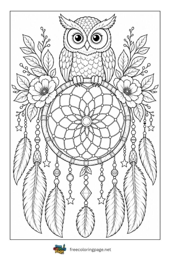 owl boho style mandala coloring page