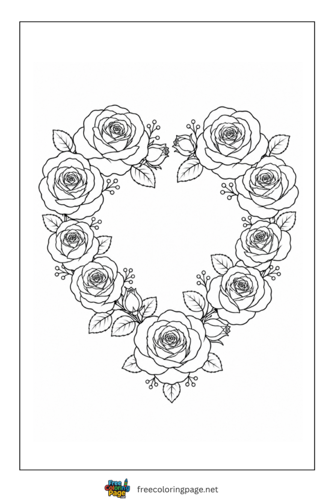 simple roses arranged in heart shape coloring page