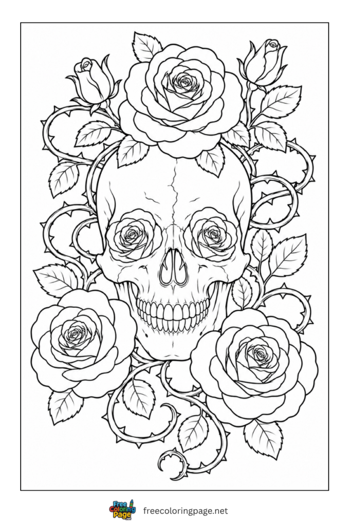 roses and skull coloring page