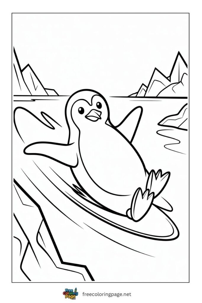 Penguin sliding on snow coloring page