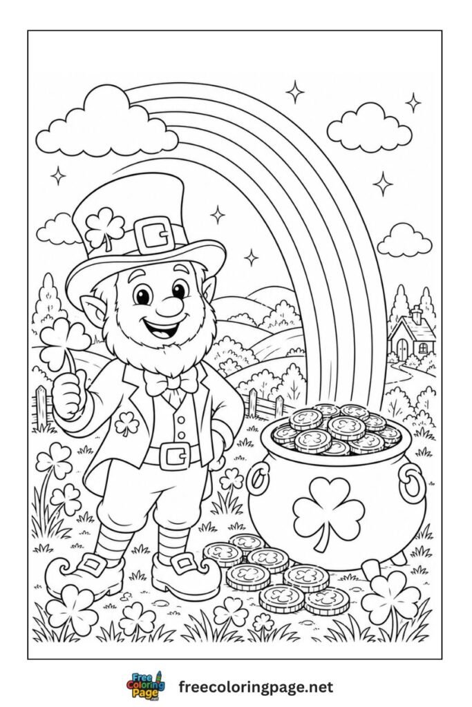smiling lepwechaun standing beside rainbow coloring page