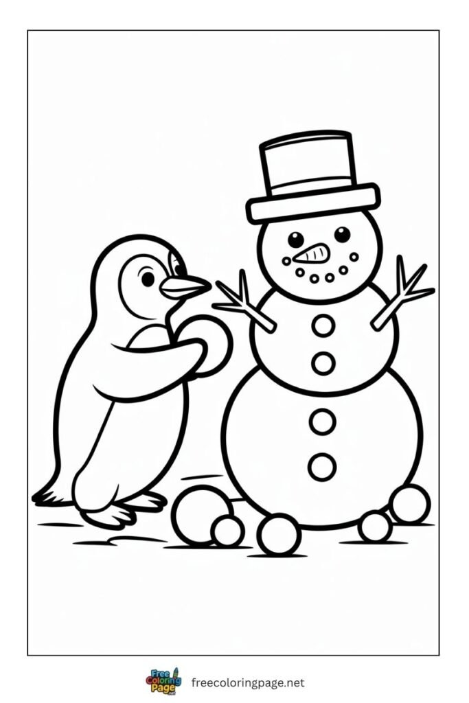 Penguin with snowman coloring page