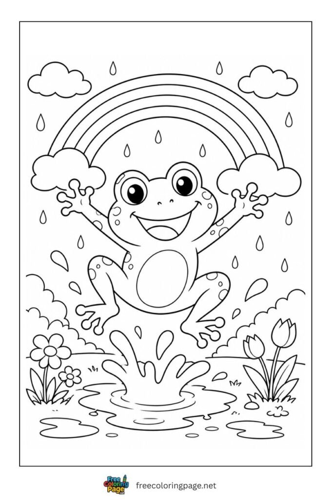 spring frog with rainbow coloring page 