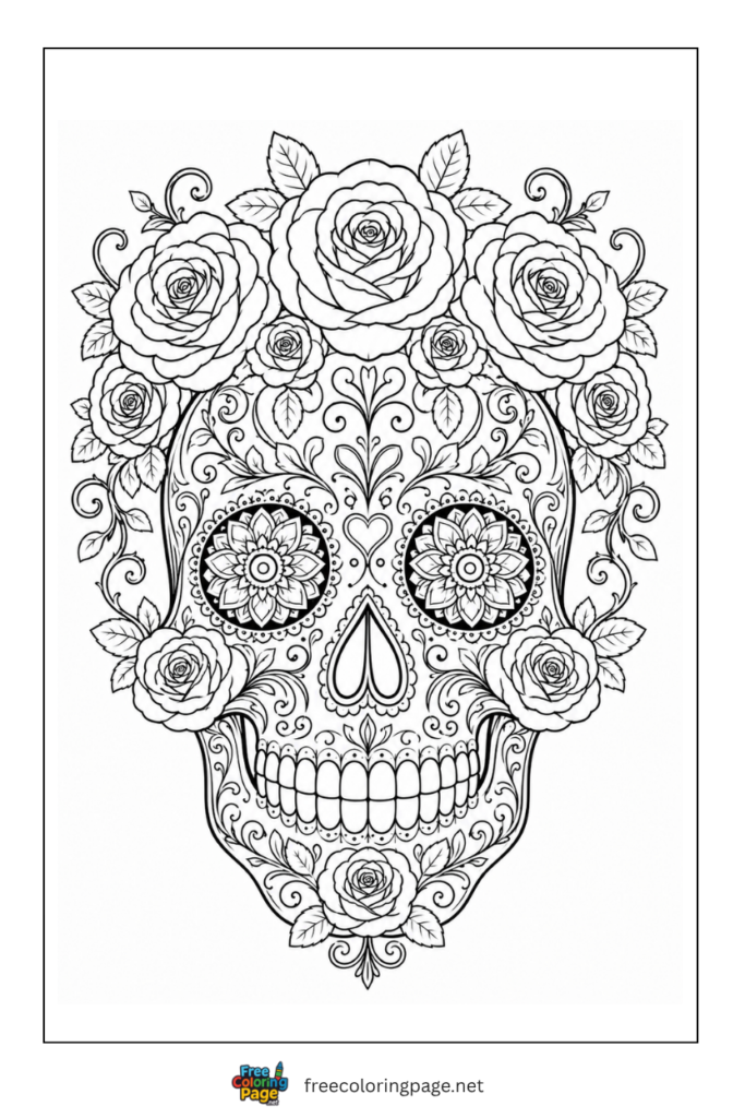 roses and sugar skull coloring page
