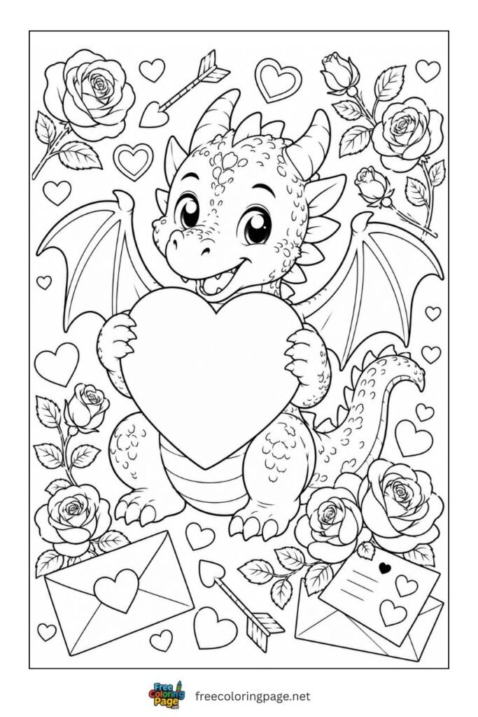 dragon holding big heart coloring page - valentine day dragon