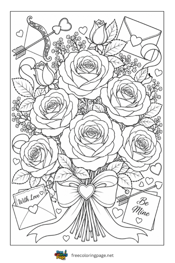 valentine rose bouquet coloring page for adults
