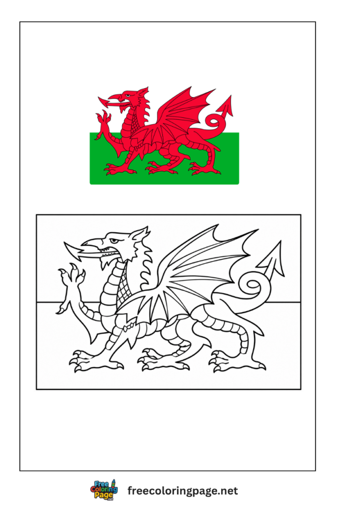 wales flag coloring page with colored reference