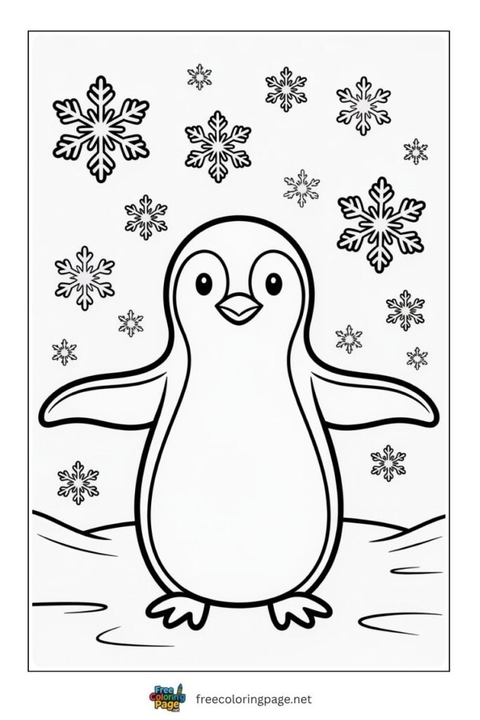 Penguin in snowfall coloring page