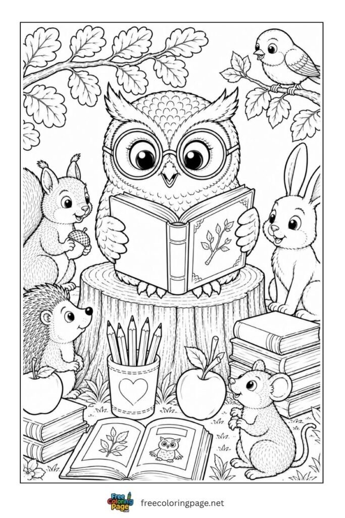 wise owl reading coloring page