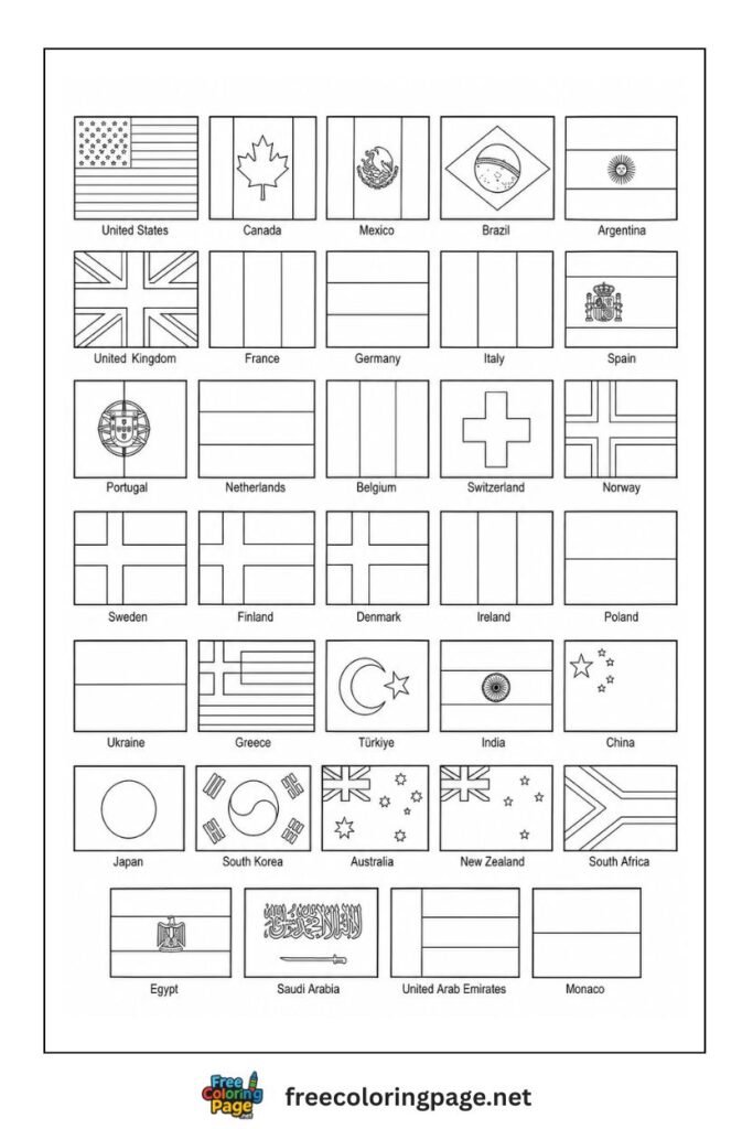 collection of flags of the world coloring page