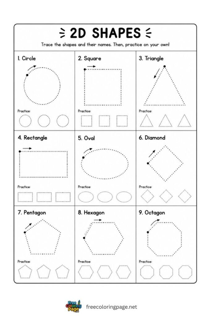 2D shapes tracing worksheet with 9 shapes in grid layout, free printable for kindergarten