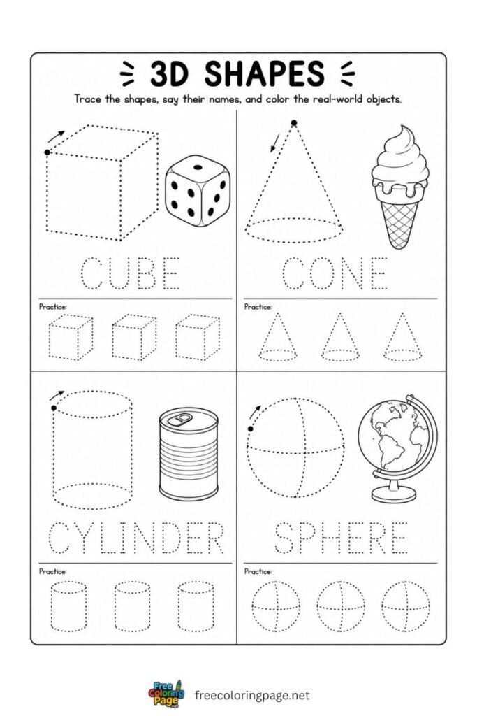 3D shapes tracing worksheet with cube cone cylinder and sphere on one page, free printable
