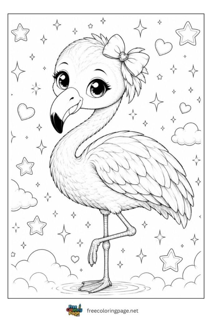 kawaii flamingo with big eyes coloring page