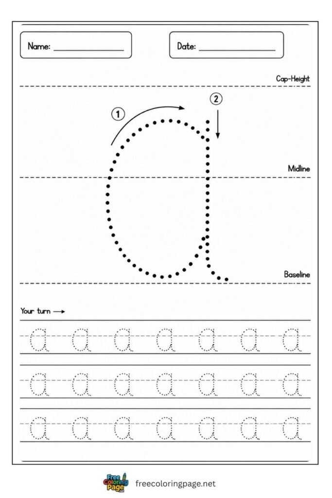 Letter a lowercase tracing worksheet with dotted outline free printable for preschool and kindergarten