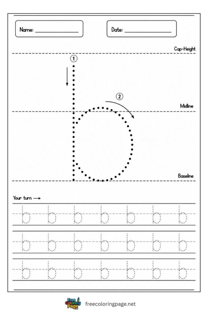Letter b lowercase tracing worksheet with dotted outline free printable for preschool and kindergarten
