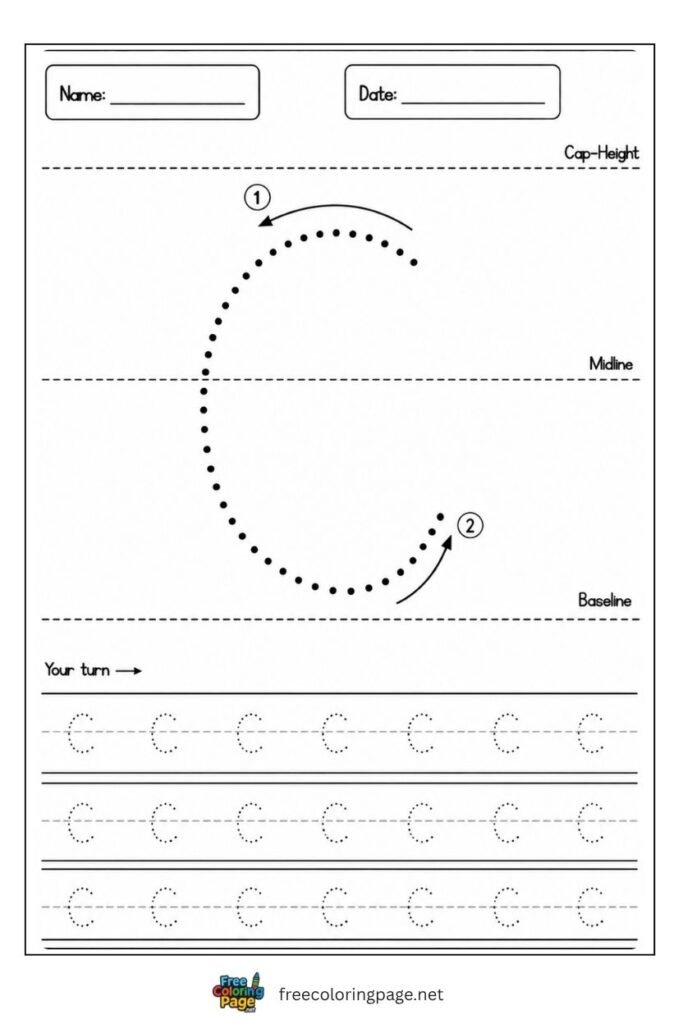 Letter c lowercase tracing worksheet with dotted outline free printable for preschool and kindergarten
