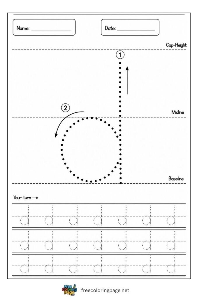 Letter d lowercase tracing worksheet with dotted outline free printable for preschool and kindergarten