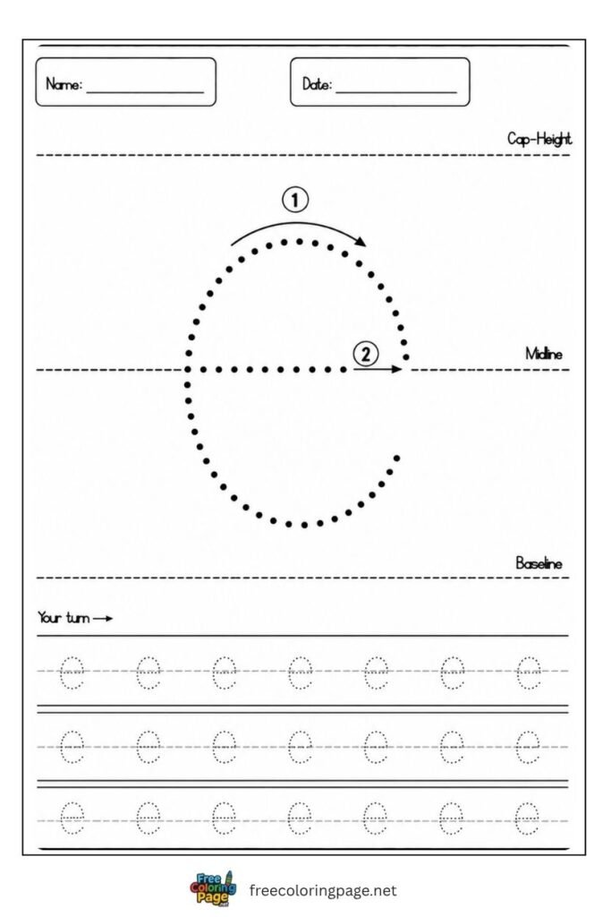 Letter e lowercase tracing worksheet with dotted outline free printable for preschool and kindergarten