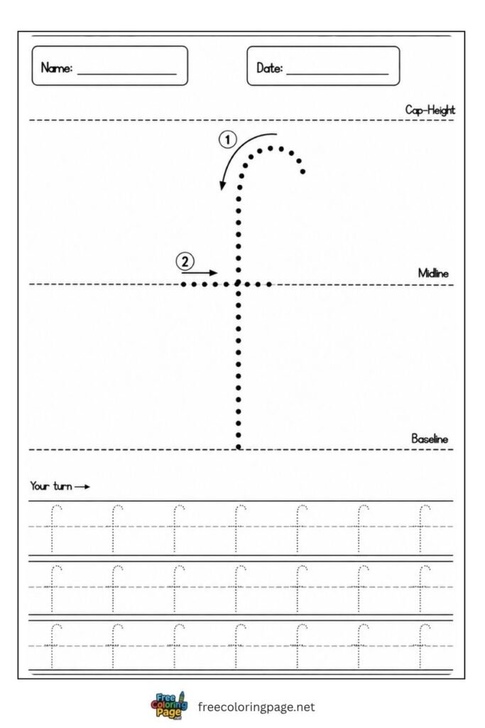 Letter f lowercase tracing worksheet with dotted outline free printable for preschool and kindergarten