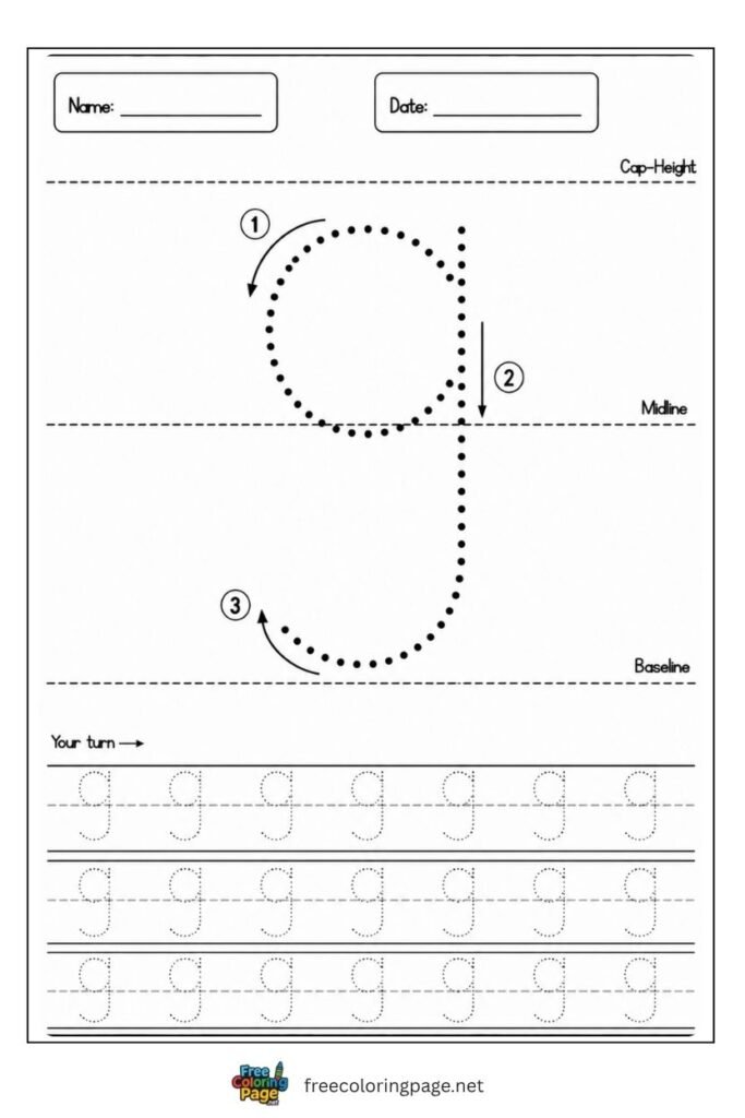 Letter g lowercase tracing worksheet with dotted outline, free printable for preschool and kindergarten